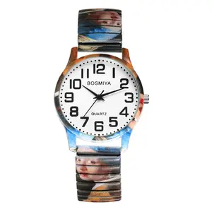 Ladies Expandable Bracelet Watches: Women Bohemian Girl with a Pearl Earring Expansion Band Quartz Analog Large Arabic Numerals Dial Wristwatch