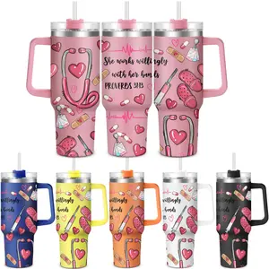 Nurse Pattern 40oz Tumbler with Lid, 1 Count Stainless Steel Water Bottle, Drinking Cup for Home Office School, Gift for Nurse, Birthday Gift, Drinkware