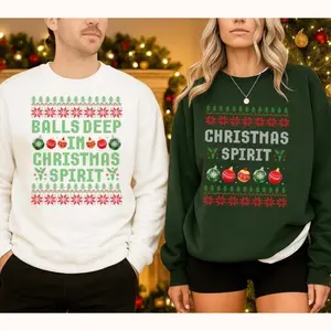 Funny Couples Christmas Sweatshirt, Christmas Spirit Couple Sweatshirts, Funny Ugly Christmas Sweater, Balls Deep in Christmas Spirit Jumper, Matching Adult Humor Holiday Gifts - EVA RAMOS