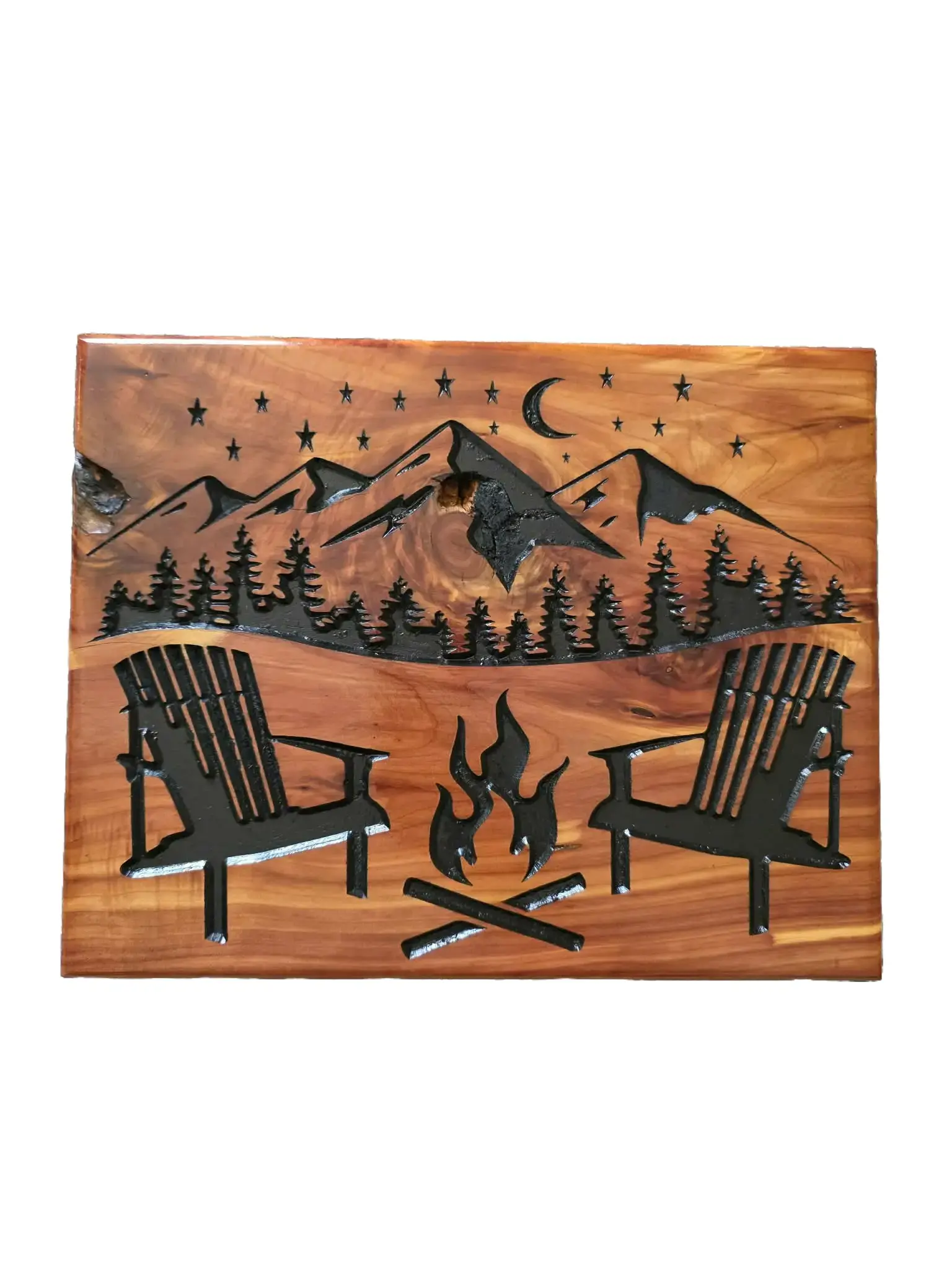 Beautiful Cedar Wood Wall Art with Mountain Night Scene, 13.75" x 11"