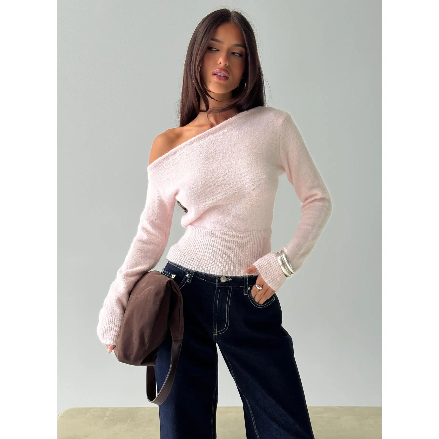 Selbey Fluffy Cinched Waist Off Shoulder Top Pink