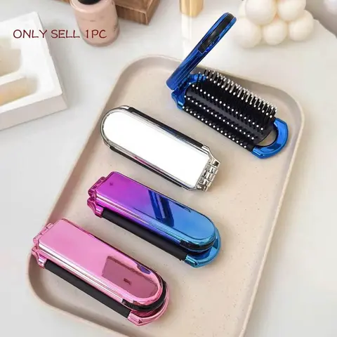 Foldable Mirror with Comb, 1 Piece Portable Cushion Massage Comb for Men and Women, Compact Travel Hair Brush for Daily Use, Hair Detangling Comb, Hair Tool