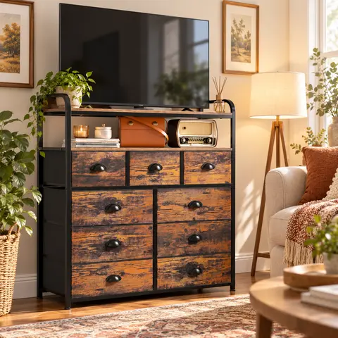 RaybeeFurniture Tall Viral Fabric Dresser with 9 Drawer Dresser for Closet with Wood Top, Chest of Drawers for Dorm, Living Room, Entryway, Bedroom