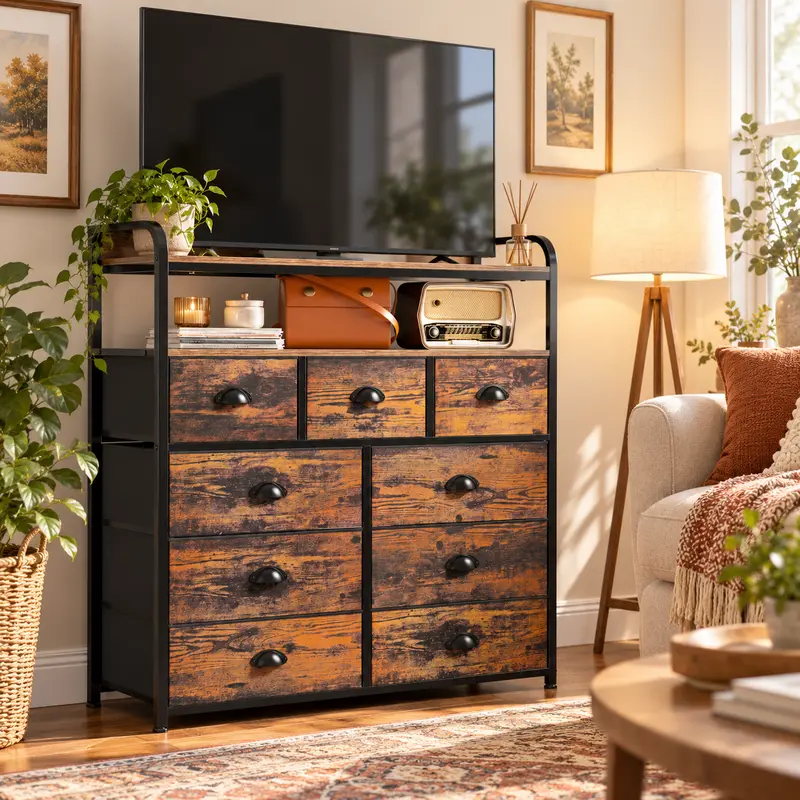RaybeeFurniture Tall Viral Fabric Dresser with 9 Drawer Dresser for Closet with Wood Top, Chest of Drawers for Dorm, Living Room, Entryway, Bedroom