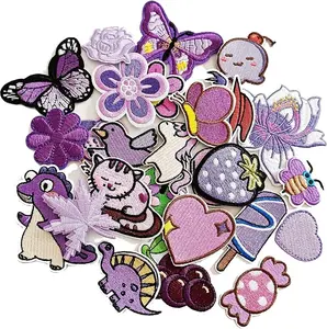 30pcs Purple Embroidered Iron on Patches Assorted Size DIY Patches Applique for Kids Clothing Jackets Jeans Pants Backpacks