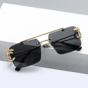 Vintage Luxury Golden Fahsion Glasses Cool Tiger Stand Women's Frameless Black For Men And Women Outdoor Travel Anti Glare Glasses013