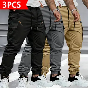 Men’s 3-pack jogger cargo pants, multi-pocket streetwear trousers with elastic waist and ankle cuff drawstring, ideal for everyday wear, outdoor activities, and urban style.