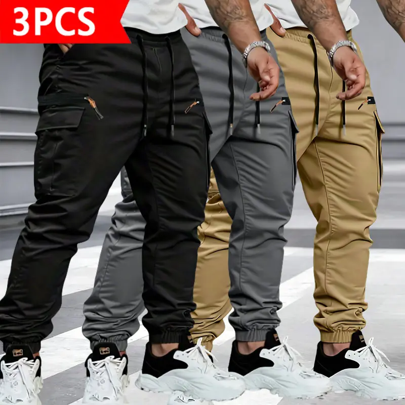 Men’s 3-Pack Cargo Pants, Multi-Pocket Drawstring Joggers with Elastic Waist & Ankle Cuffs, Ideal for Everyday Wear & Outdoor Activities, Men's Cargo Pants