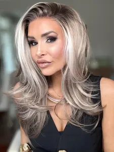 MACA BAKA Clara Layered Ombre Highlight Silver Blonde Lace Front Wig with Scandinavian Hairline Low Density 16 Inches Medium Length Natural Wavy Mixed Ash Brown Blonde HD Synthetic Lace Front Wigs for Women Gift