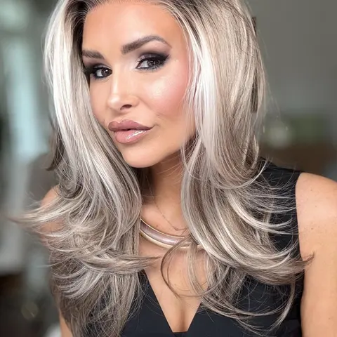 MACA BAKA Clara Layered Ombre Highlight Silver Blonde Lace Front Wig with Scandinavian Hairline Low Density 16 Inches Medium Length Natural Wavy Mixed Ash Brown Blonde HD Synthetic Lace Front Wigs for Women Gift