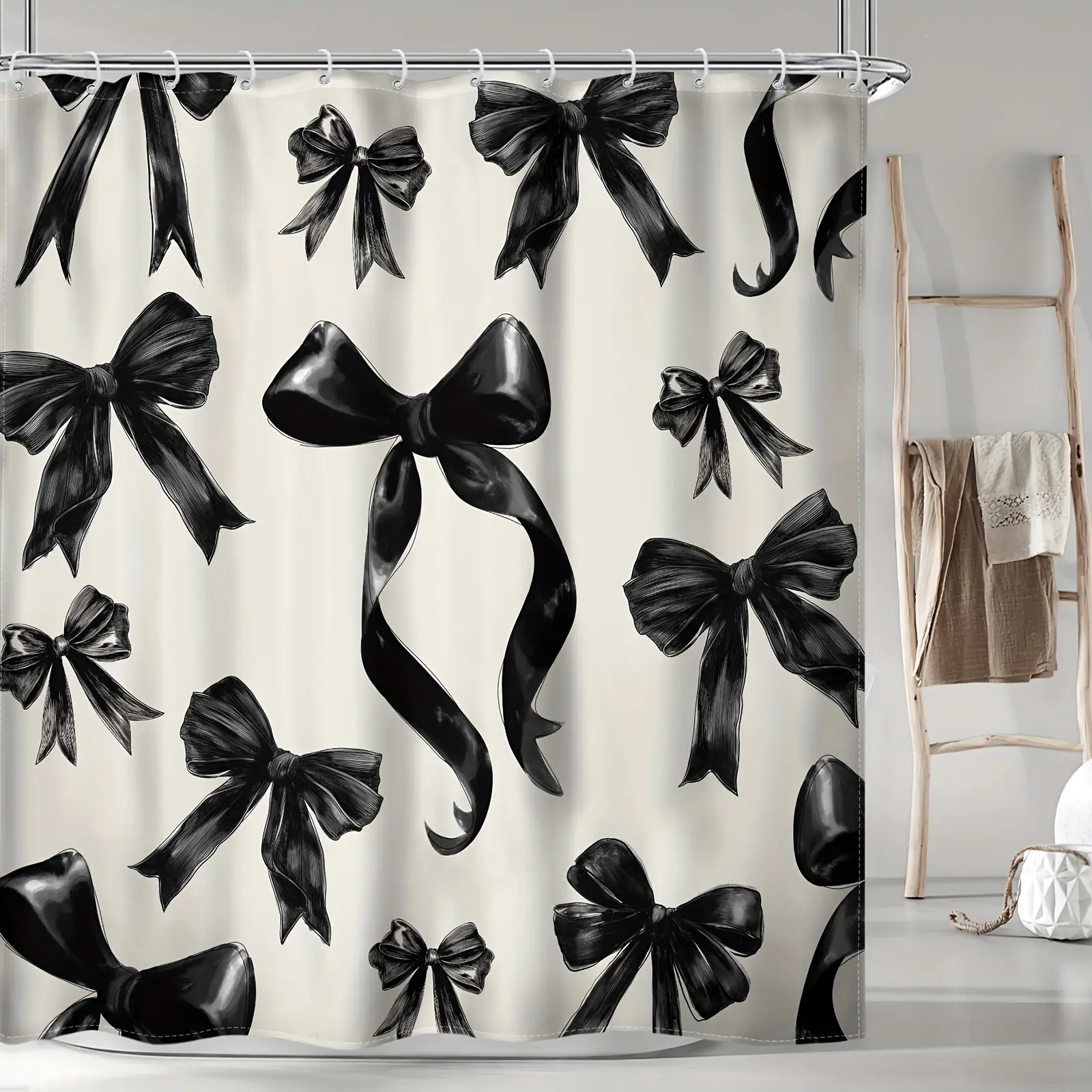 1pc/4pcs Black Bow Shower Curtain Set, Bownot Fashion Sweet Cute Bathroom Sets Full Set, Pretty Bathroom Set with Shower Curtain and Rug, for Women Female Bathroom Decor and Accessories, Polyester Fabric Shower Curtain Bathroom Decor with 12 Hooks