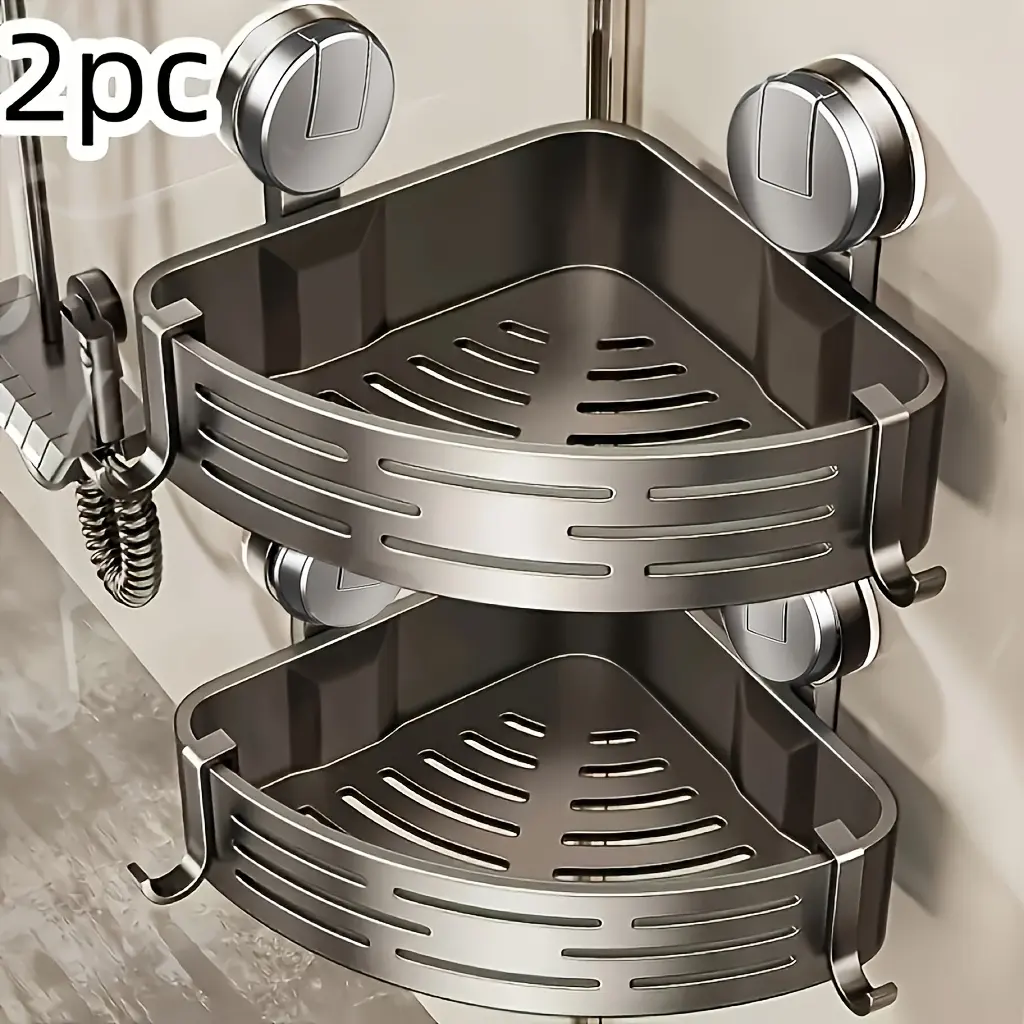 2-Pack Grey Corner Shower Caddy - Suction Cup No-Drill, Adhesive Storage Solution with Towel Rack, Bathroom Accessory, Bathroom Organizing Accessories