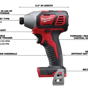 Milwaukee M18 Cordless Lithium Impact Drill with 5.5" Length, 2.75" Diameter, Forward/Reverse Control Switch, and Belt Attachment