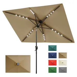 10 ft x 6.5 ft Solar Patio Umbrella with Lights, Outdoor Rectangular Table Umbrella with Crank and Push Button Tilt, Market Umbrella with 6 Sturdy Ribs Tilt for Garden, Deck, Lawn, Pool