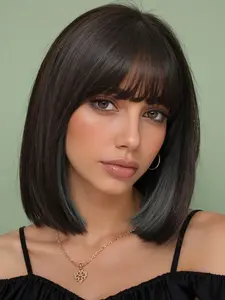 12 Inch Bobo Head Wig, Deep with Ear Cuffs, Straight Synthetic Fiber, Natural Look, Easy Care, Suitable for All Ages, Synthetic Material Wigs