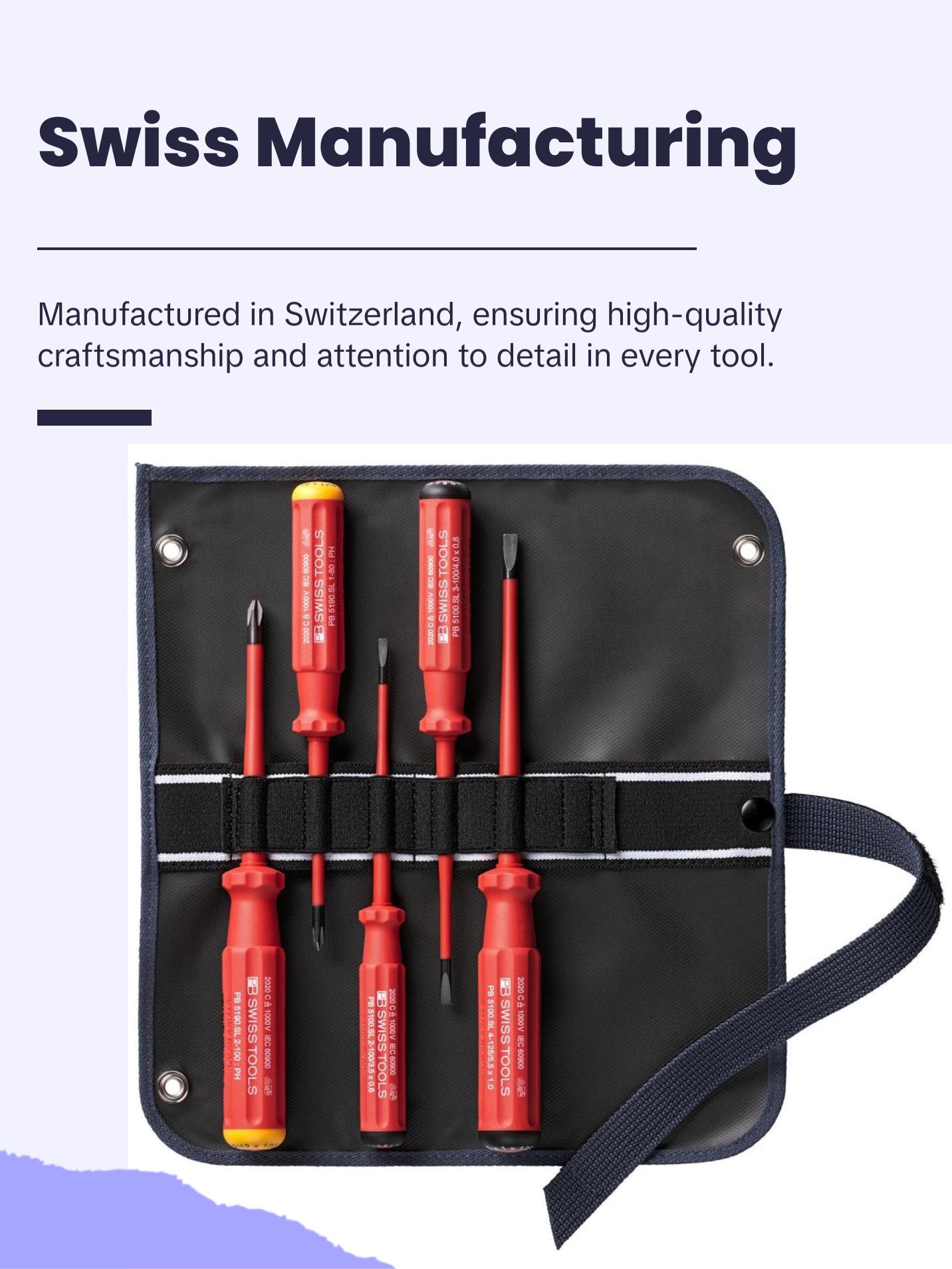 PB Swiss PB 5542.SU SL GY Screwdriver Set Slotted/Phillips in Roll-Up Case with Classic VDE Handle, 5 Pcs