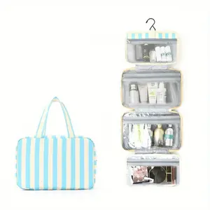 Multifunctional four-fold toiletry bag with hook; portable travel cosmetic storage bag; large capacity for storing cosmetics, medicines, and shampoo.