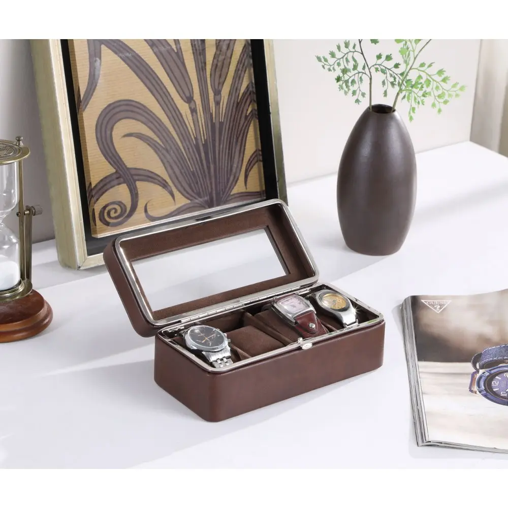 Brown 8-in Tempered Glass and Leather 4-Slot Watch Display Case, Watch Holder for Wristwatch Storage & Collector Display