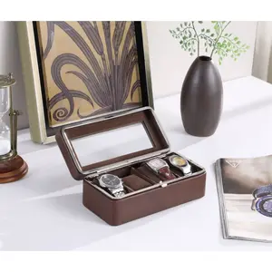 8" Long Tempered Glass and Leather 4-Slot Watch Display Case, Brown