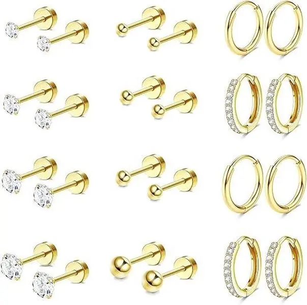 12 Pairs Hypoallergenic Flat Back Earrings for Women Cartilage Earring Stacks | Surgical Steel Earring Stacks for Multiple Piercing, Small Flatback Earring Studs Huggie Hoops, Ideal Jewelry Gift for Her