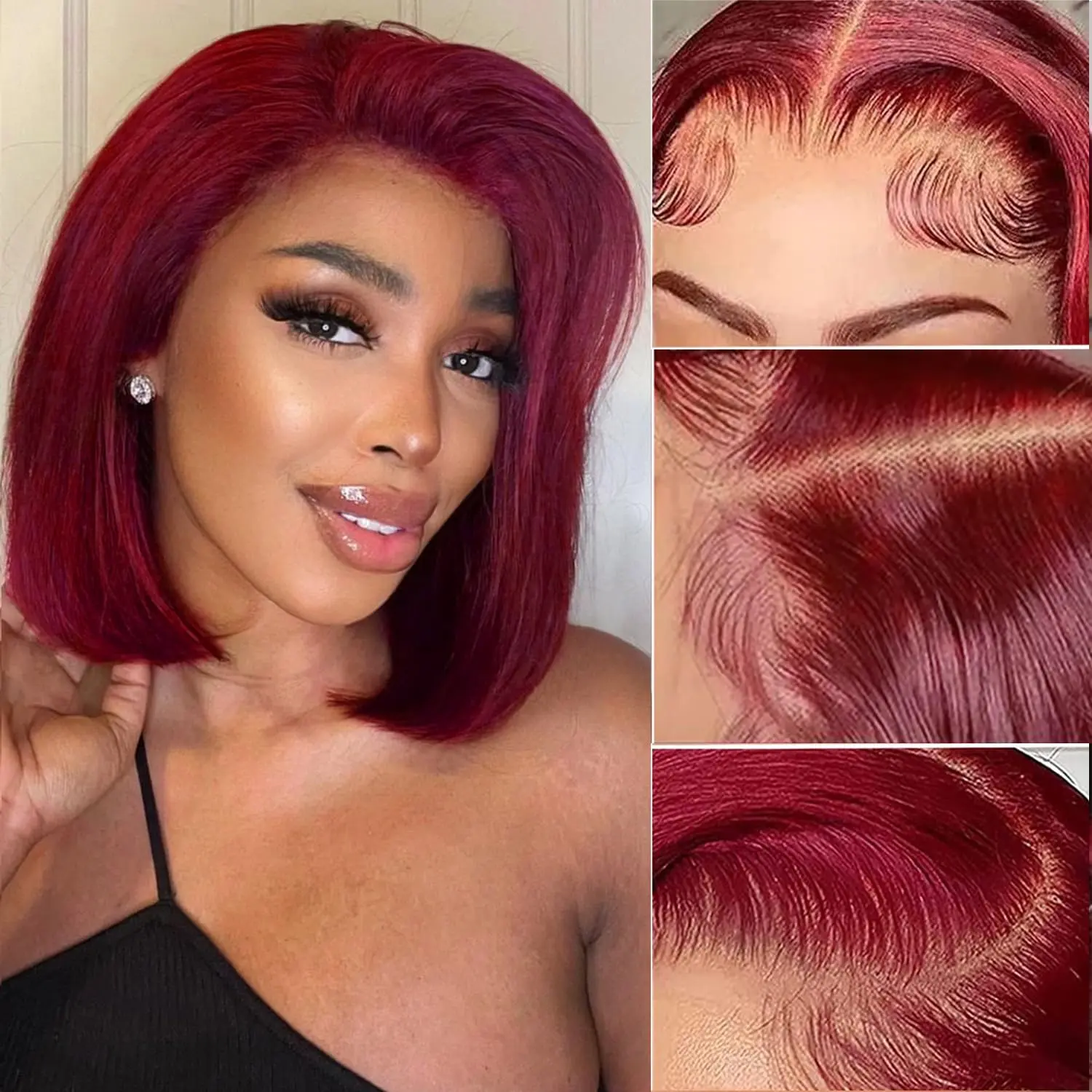 Vinisay 13x4 HD 99J Burgundy Short Bob Lace Front Wigs Human Hair Pre Plucked Hairline Transparent Glueless Straight Red Bob Wigs for Women Pre Plucked 180% Density Human Hair with Baby Hair