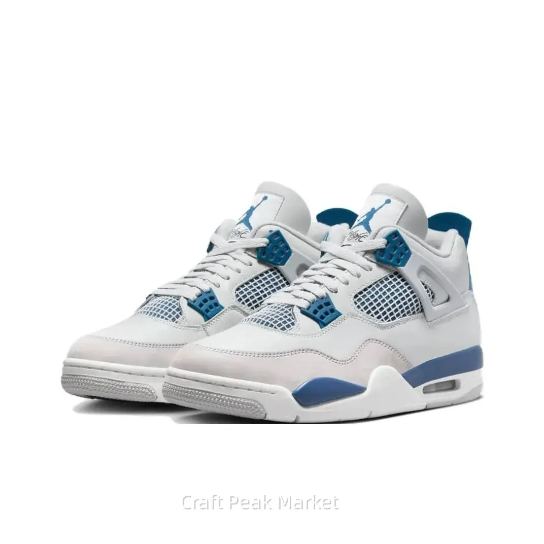 Retro Mid-Top Basketball Shoes in White, Blue, and Grey with Leather and Mesh