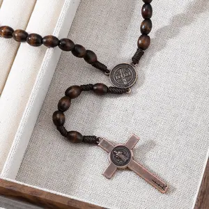 Wood Catholic Necklace, Men's Rosary Beads and Metal Crucifix, Christianity Prayer Necklace