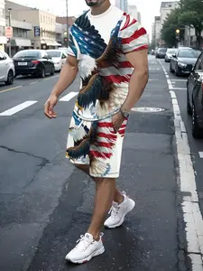 Men's All-Seasons Slim-Fit Short Sleeves & Shorts Set, Lightweight Anti-Wrinkle Polyester Fabric, Eco-Friendly Printing Process