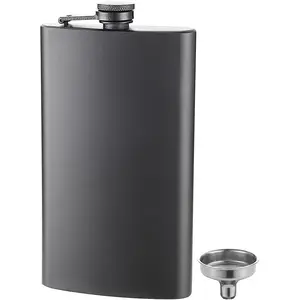 12 Oz 18/8 Stainless Steel Hip Flask for Liquor with Never-Lose Cap, Leakproof Easy Pour Funnel is Included, Matte Black