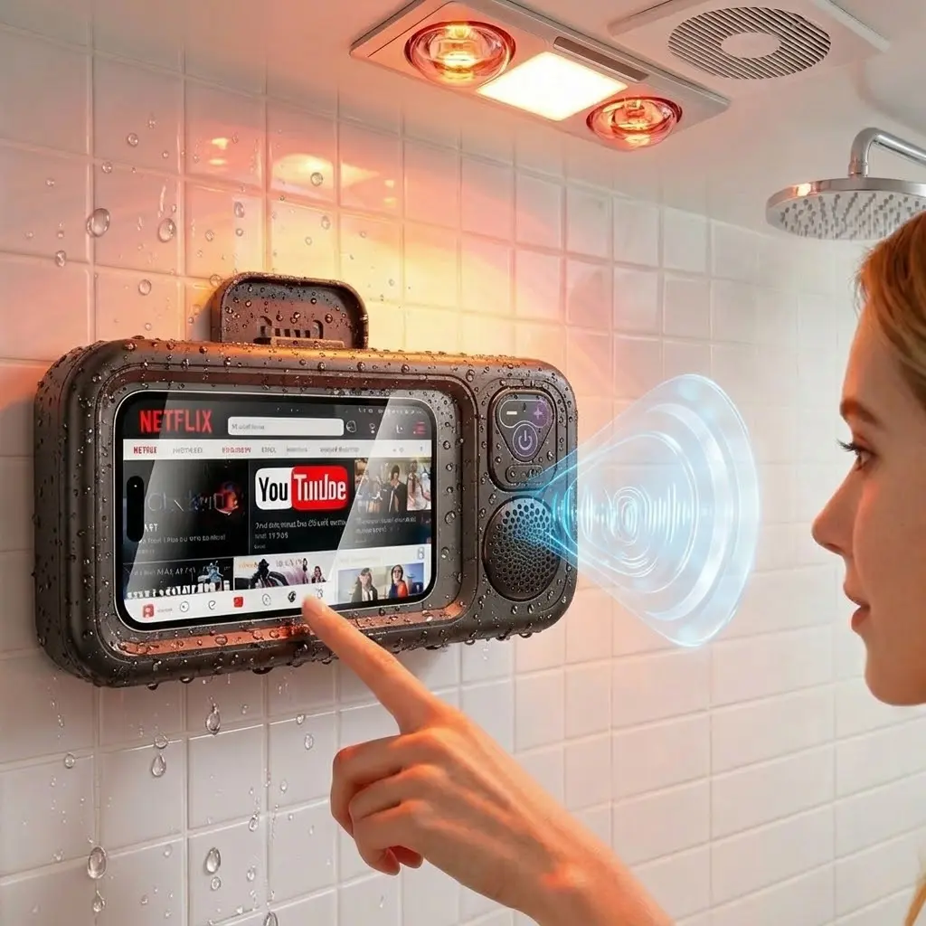 Bathroom Shower Mobile Accessories Phone Holder with Bluetooth Audio, Waterproof Touchscreen Cover, 360° Rotate Wall Mount Phone Stand