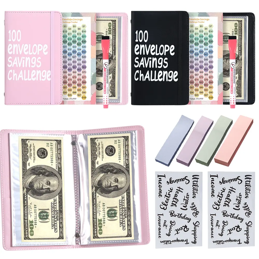 2 Packs 100 Days Money Saving Challenge Coin Envelope Budget Book & 2pcs Stickers & 2pcs Pens & 1set Post-it Note Kit, Keep Money Neat and Flat with Family, Friends, Bestie, Good Habit of Saving Money