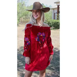 Rio Grande Embroidered Velvet Tunic Dress-Red