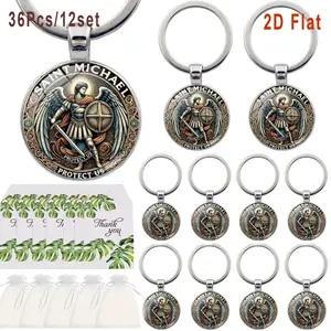 36Pcs/12Sets St. Michael Guardian Amulet Zinc Alloy Keychain Part Favor, 2D Flat Engraved "Protect Us", Perfect for Christmas, Birthday, Anniversary, Baptism, Back to School Gifts, Party Favors, Fashion Religious Gifts, Faith Accessories, First Communion