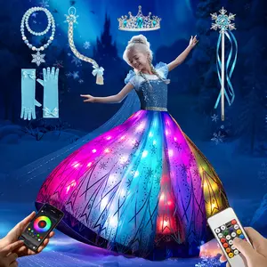 UPORPOR Blue Light-Up Dress for Girls – 100+ LED Modes, Syncs to Music, Halloween Christmas Ice Princess Costume with Accessories, Ages 3-9, Not Include Batteries