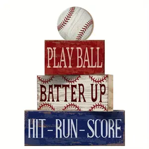 4 Pcs Baseball Party Table Decorations, Baseball Wooden Sign Blocks Table Centerpieces, Sports Signs Tabletop Tiered Tray Decor for Fans Boys Birthday Party, Sport Club Home Shelf School Desk Locker