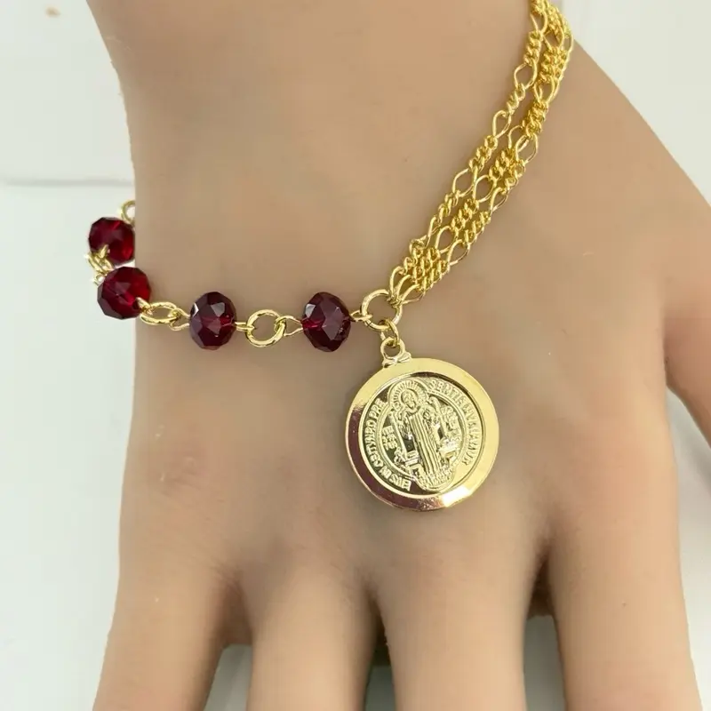 14k Gold Plated St. Benedict Charm Bracelet 7.5” Water Resistant, Nickel Free, Hypoallergenic, Non Tarnishing with Red Gemstones