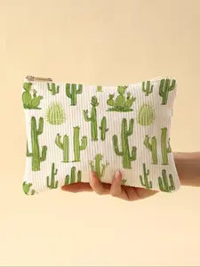 Cactus Print Corduroy Makeup Bag, Lightweight Zipper Lined Cosmetic Pouch, Multifunctional Beauty Organizer for Toiletries and Accessories