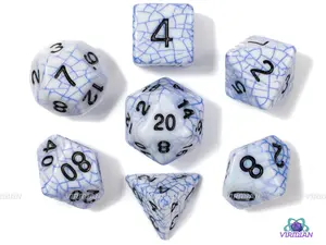 Shattered Sapphire (discontinued) | White and Blue Grid Design | Acrylic Dice Set (7)