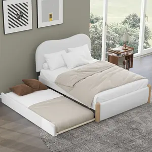 Full Size Platform Bed with Trundle, Upholstered Full Bed with Curved Headboard, Berber Fleece Fabric, No Box Spring Needed, White