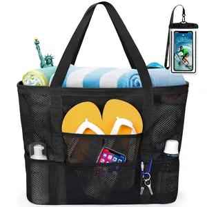 Livhil Oversized Mesh Beach Bag with 9 Pockets & Soft Handles Black Waterproof Tote for Picnics Pool Camping & Grocery Shopping Durable Lightweight Design