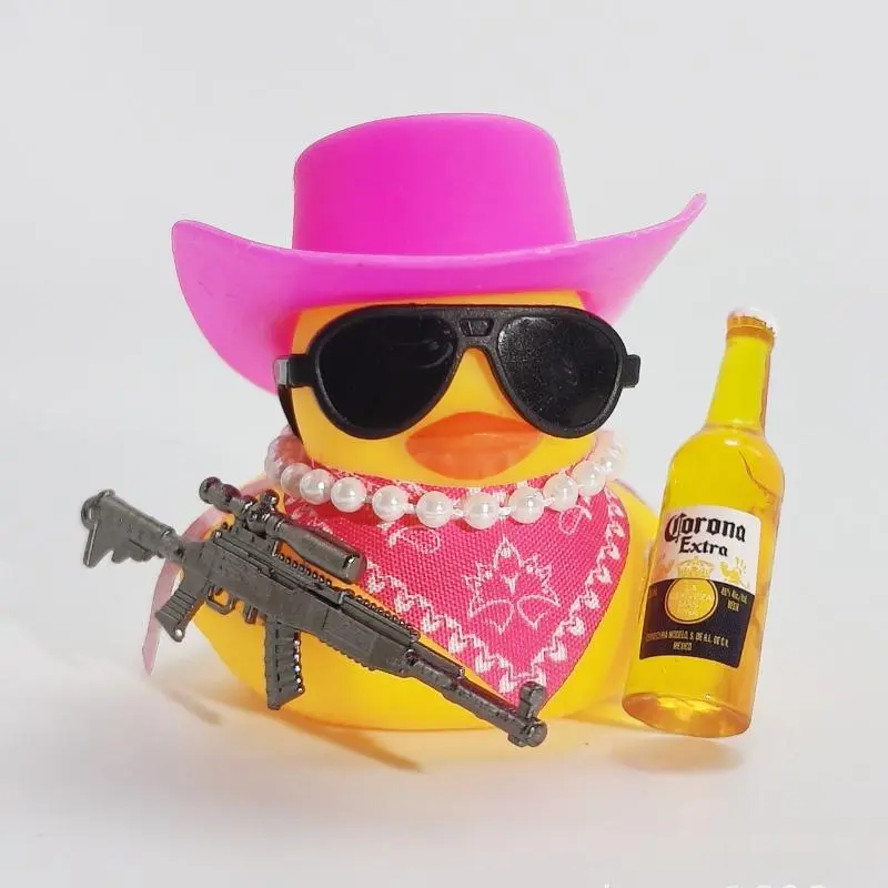 Cute Fortunate Rich Duck Car Dashboard Decoration Yellow Black Duck with Cowboy Hat Scarf Bottle for Women Men Car Ornament