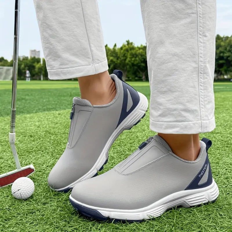 Men's Solid Color Sports Golf Shoes with Side Zipper, Quick-Drying PU and Non-Slip Rubber Spikes for All-Season Outdoor Wear, Male