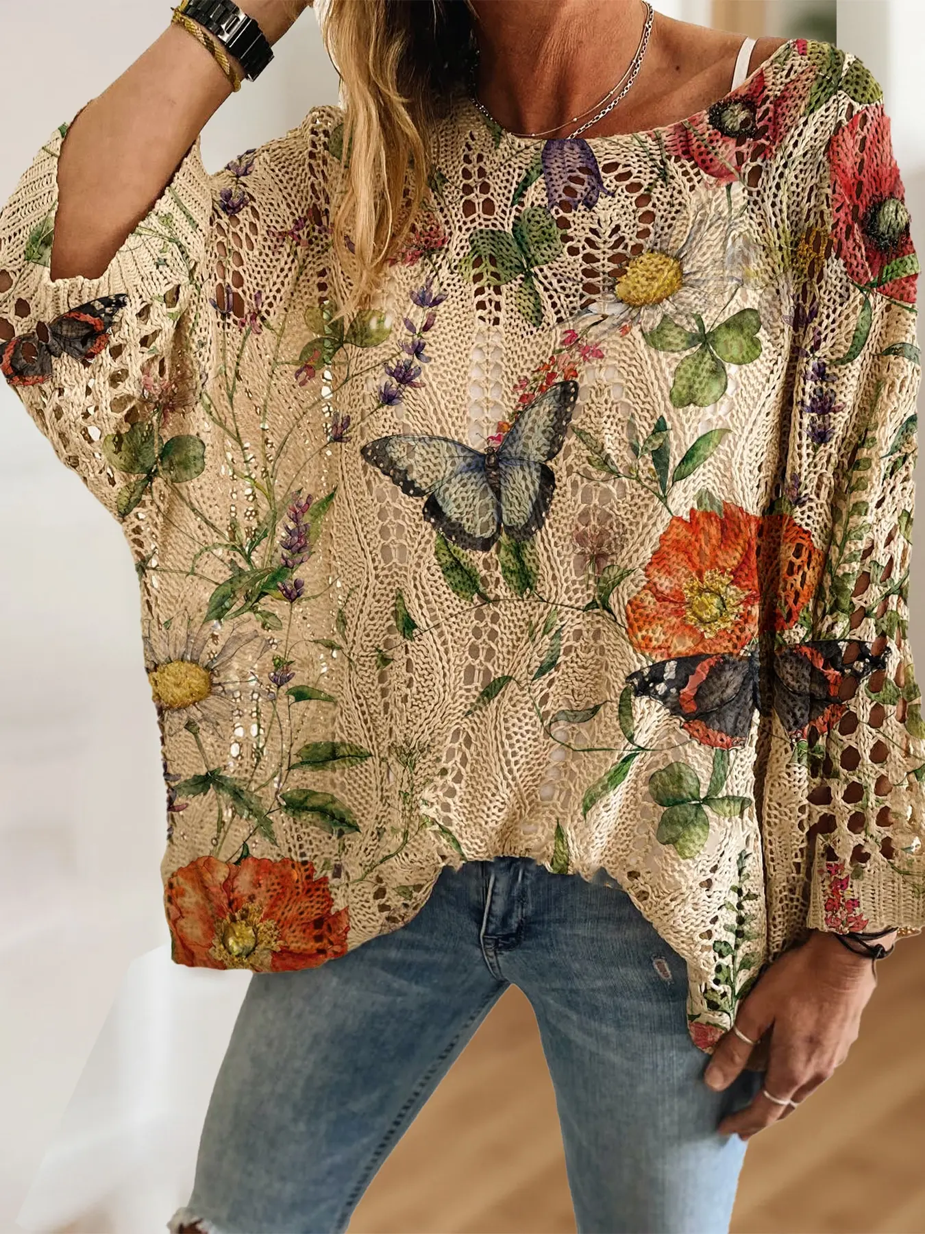 Women's Floral Butterfly Print Knit Top, Casual Elegant Vacation Style, Comfortable Breathable Loose Fit, Spring Summer Fall Fashion