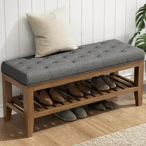 Aowos 42.9'' Bed Bench Solid Wood Shelf, Entryway Shoe Bench Linen Fabric Storage Ottoman Bench with Solid Wood Legs Padded Window Seat for Living Room, Bedroom and Hallway, Dark Gray