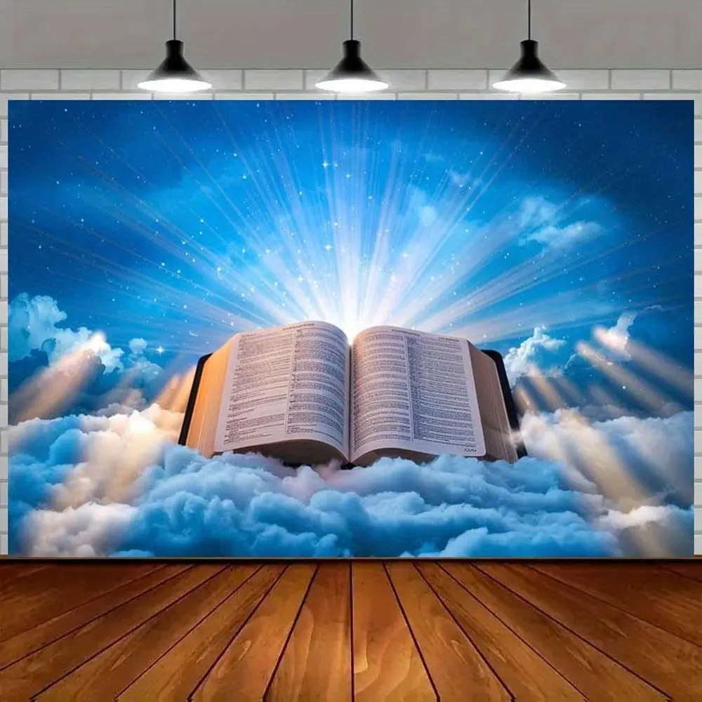 1pc Polyester 2D Flat Heavenly Book Backdrop Picture - Church Religious Celebration Wall Hanging Banner, Photo Booth Prop, Serene Spiritual Room Decor with Divine Light & Clouds, Banners,summerwins