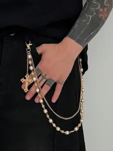 Retro Imitation Pearl Fringe Cross Pants Chain, Faux Pearl Men's Hip Hop Unique Body Chain for Pants Decoration, Stylish Accessories for Fashion Statement, Vintage Body Jewelry, Punk Jewelry, Tassel Cross, Unique Detailing