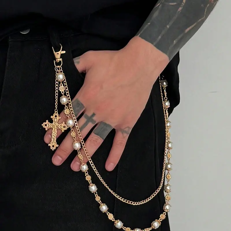 Retro Imitation Pearl Fringe Cross Pants Chain, Faux Pearl Men's Hip Hop Unique Body Chain Accessory for Pants Decoration, Stylish Accessories for Fashion Statement, Vintage Body Jewelry, Punk Jewelry, Tassel Cross, Unique Detailing, Bling Chain