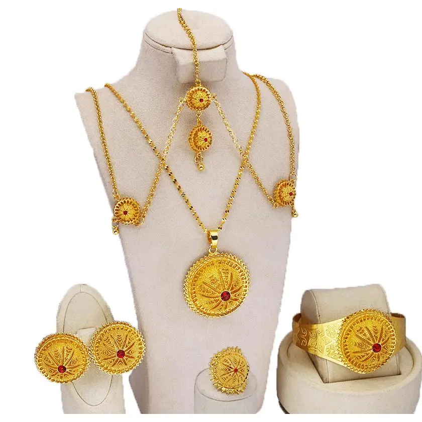 Ethnic-Inspired Gold-Colored 5Pcs Traditional Ethiopian Gold Plated Set Jewelry Set - Filigree Pendant Necklace, Chain Headpiece, Earrings, Cuff Bracelet, Red Crystal Ring - Ideal For Weddings, Cultural Events, Ethnic-Inspired Jewelry Sets, Gold-Colored J