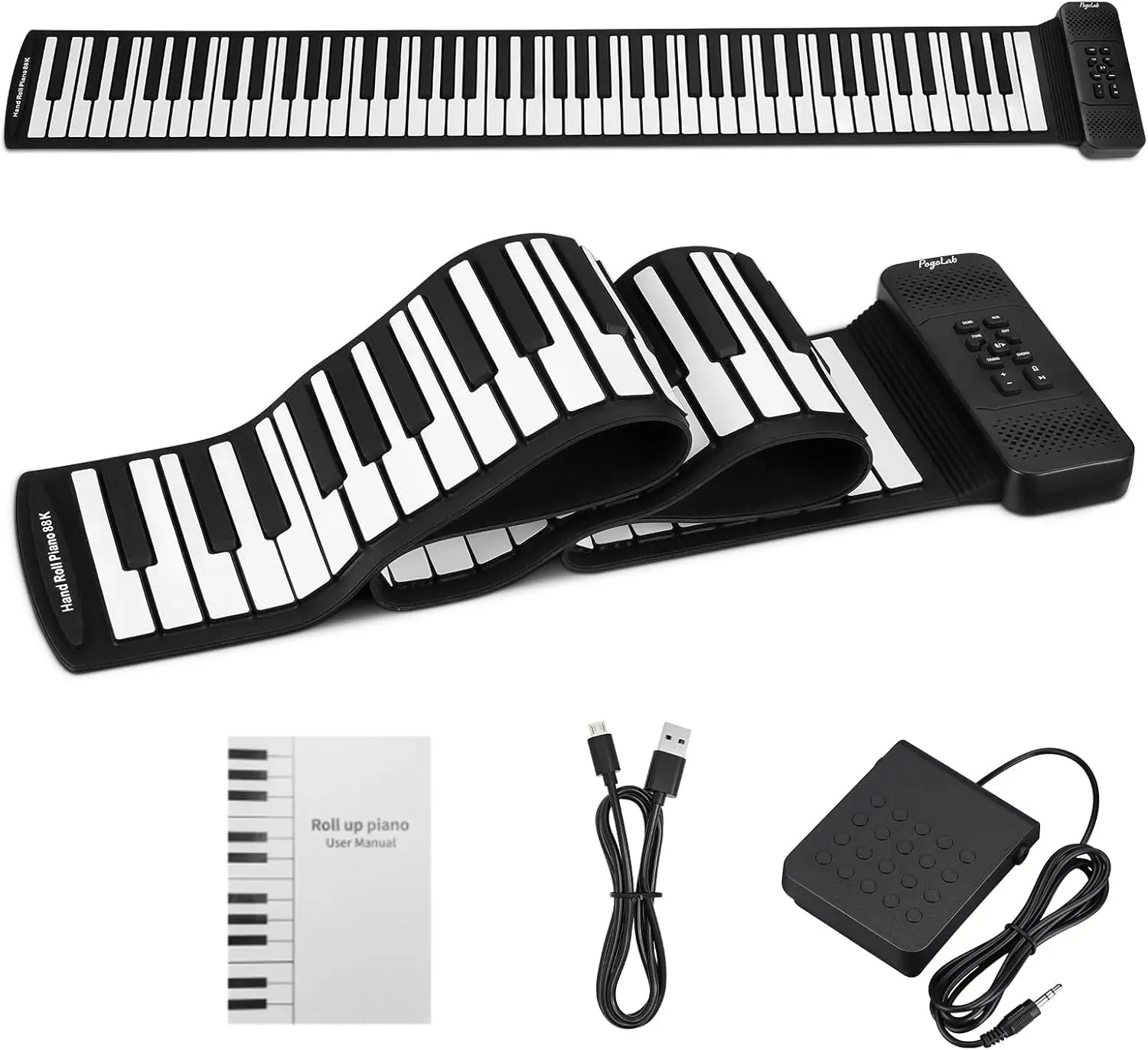 POGOLAB 88 Keys Roll Up Keyboard Piano, Portable Electric Foldable Piano with Sustain Pedal, 14 Songs, 128 Tones, 128 Rhythms, Rechargeable & Dual BT Function, Music Gift for Beginners