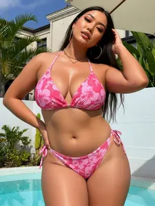 【Plus Size】 Two-Piece Set Floral Print Halter Bikini Set, Casual Fashion Chic Backless Triangle Swim Bra & Tie Side Swim Panty Swimsuit Set for Beach Holiday Vacation, Women's Swimwear for All Seasons